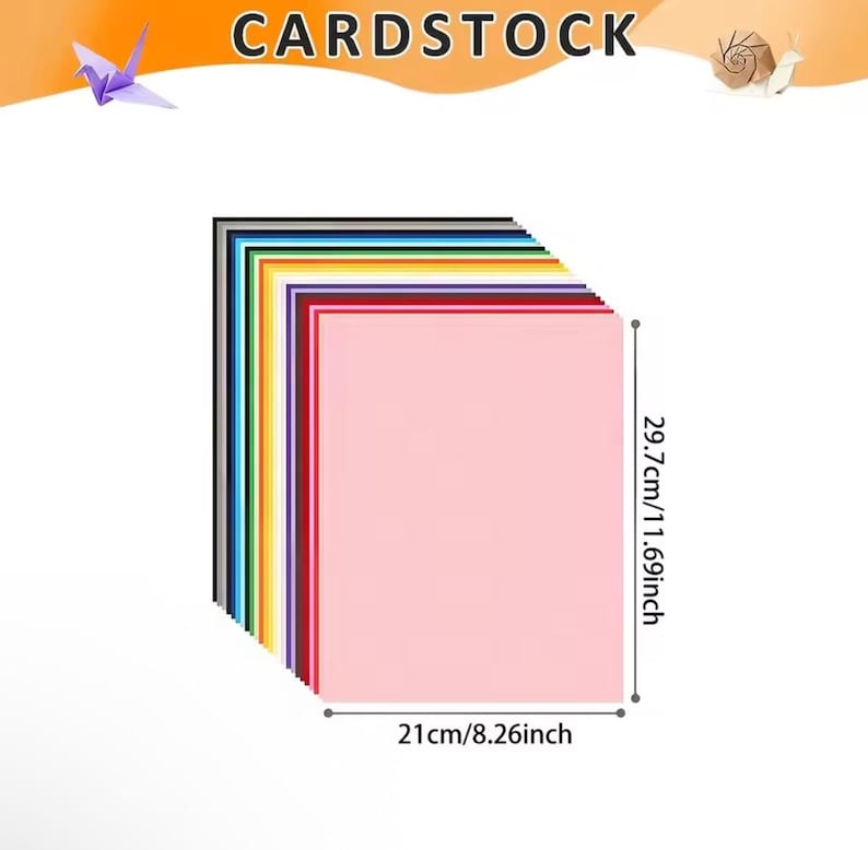 May include: A stack of colorful cardstock paper sheets, each measuring 8.26 inches wide and 11.69 inches long. The stack includes various colors, with the front sheet being pink. The word "CARDSTOCK" is at the top.