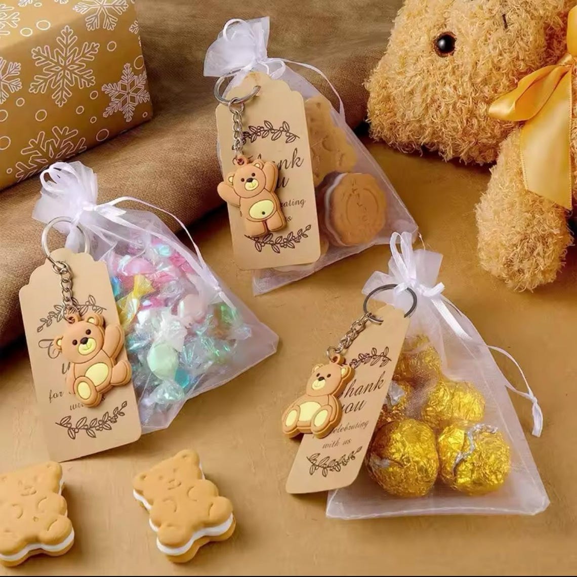 Teddy Bear Key Ring Baby Shower Birthday Party With Organza Bag for ...