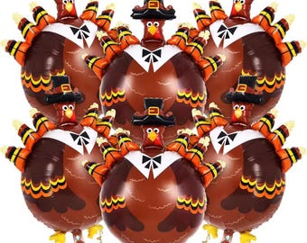 May include: Thanksgiving-themed turkey balloons. The balloons are brown with orange, yellow, and black accents, and feature a turkey design with a pilgrim hat, bow tie, and feather details. These festive balloons are perfect for Thanksgiving decorations.