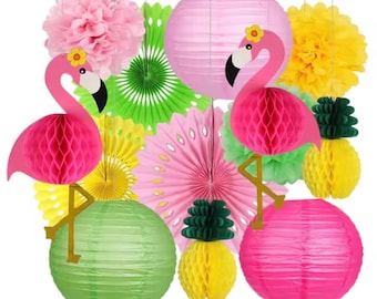 Juego de 13 piezas de decoraciones para fiestas temáticas de flamencos, decoración tropical hawaiana para cumpleaños, abanicos de papel de nido de abeja, faroles y pompones.