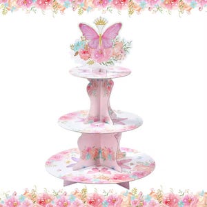 Butterfly Cupcake Stand – 3-Tier Floral Paper Dessert Tower for Birthday, Baby Shower, Garden Tea Party