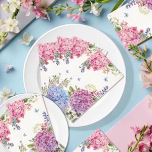 100pcs Purple Hydrangea Floral Napkins – 3-Ply Disposable Paper Napkins 13”x15.75” for Parties, Weddings, and Spring Events