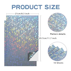 May include: Sheets of holographic paper, 8.3 inches wide and 11.7 inches long, with a shimmering, multi-colored pattern. The image includes the text "PRODUCT SIZE" and "Pattern details". The package contains 10 sheets.