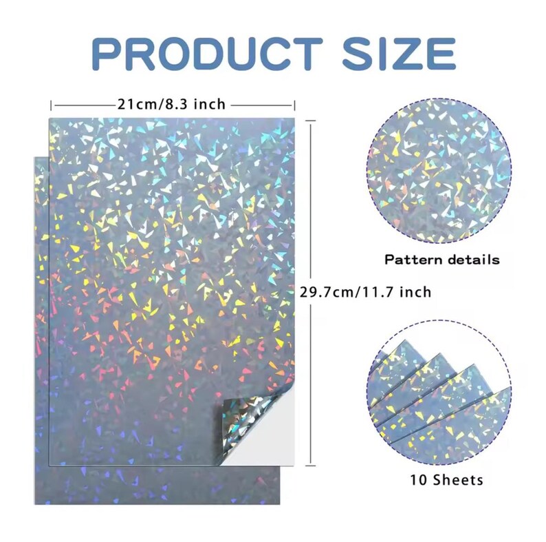 May include: Sheets of holographic paper, 8.3 inches wide and 11.7 inches long, with a shimmering, multi-colored pattern. The image includes the text "PRODUCT SIZE" and "Pattern details". The package contains 10 sheets.