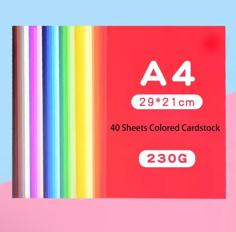 May include: A4 size colored cardstock paper in a variety of colors. The red packaging indicates 40 sheets of 29 x 21 cm (11.4 x 8.3 inches) 230G paper. The paper colors include brown, pink, purple, blue, green, yellow, and orange.