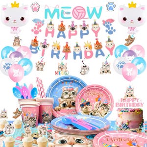 chat chaton articles de fête d'anniversaire chapeau de fête bannière nappe assiettes