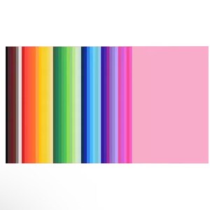 May include: A vibrant array of colored paper sheets arranged vertically. The colors include brown, red, orange, yellow, green, light green, blue, light blue, purple, pink, and a solid pink background. Ideal for craft projects and artistic endeavors.