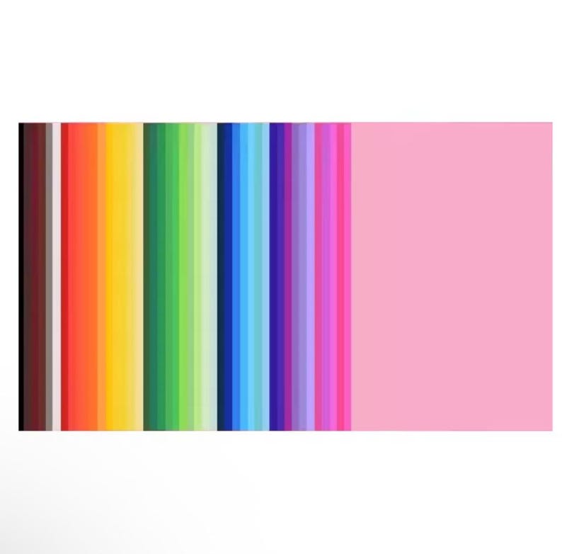 May include: A vibrant array of colored paper sheets arranged vertically. The colors include brown, red, orange, yellow, green, light green, blue, light blue, purple, pink, and a solid pink background. Ideal for craft projects and artistic endeavors.