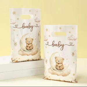 Baby Shower Bear Gift Bags – Plastic Candy Treat Bags with Handles for Birthday Parties and Baby Celebrations