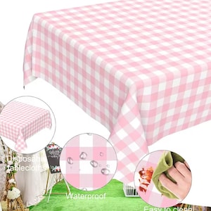 May include: A pink and white checkered tablecloth. The tablecloth is shown draped over a table. The image also shows the words "Disposable Tablecloths", "Waterproof", and "Easy to clean".