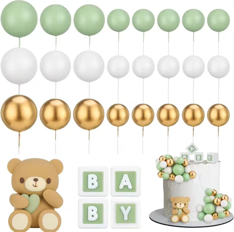 Teddy Bear Baby Shower Cake Topper Set: Pastel Blocks, Gold Accents ...