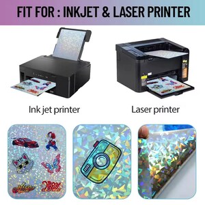May include: Image showing two black printers, one inkjet and one laser, with printed sheets. Below are examples of holographic sticker sheets with various designs, including a car, cat, and camera. Text at the top reads: FIT FOR: INKJET & LASER PRINTER.