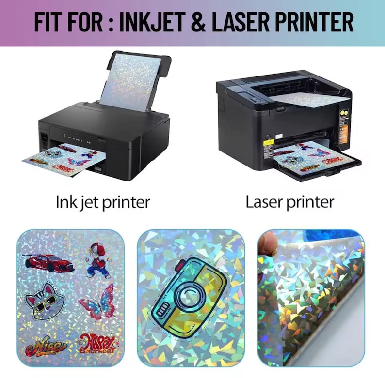 May include: Image showing two black printers, one inkjet and one laser, with printed sheets. Below are examples of holographic sticker sheets with various designs, including a car, cat, and camera. Text at the top reads: FIT FOR: INKJET & LASER PRINTER.