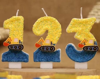 Construction Number Birthday Candle – Glitter Excavator Cake Topper for Boys 0–9