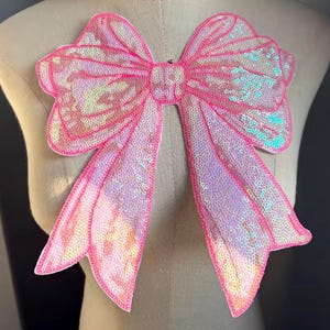 Parche grande rosa con lentejuelas brillantes en forma de lazo, aplique bordado extragrande (para planchar)