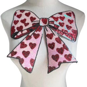 Red Heart Sequin Bow Patch, Large Applique for Clothing Decoration, Valentine Craft (Iron-On/Sew-On)