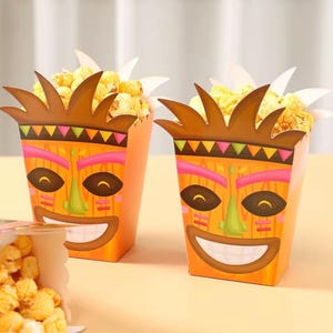 Boîte de pop-corn tiki hawaïenne – Seau à collation tropical en carton | Cadeau Luau, boîte de gâteries pour fête de la jungle ou de la plage, masque tribal