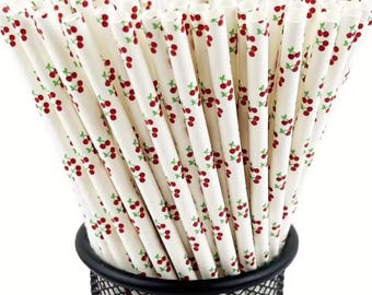 Cherry Print Paper Straws, Disposable Party Drinking Straws, Birthday Baby Shower Wedding Decor