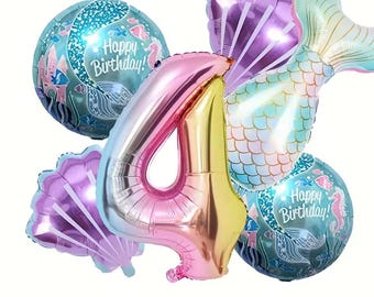 Juego de globos con números de sirena – Decoraciones para fiesta de cumpleaños con temática submarina y cola de sirena (6 piezas)