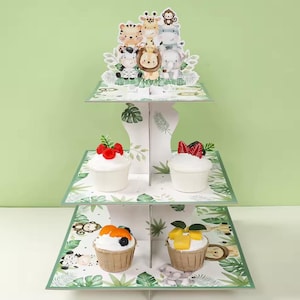 Jungle Animal Cake Stand – 3 Tier Safari Dessert Display for Baby Shower, Kids Birthday, Zoo or Wild One Party Decorations