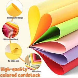 May include: A stack of high-quality colored cardstock in various colors, including yellow, orange, green, pink, purple, and red. The image highlights the double-sided design, thickness, and rich colors of the paper. Text on the image reads "High-quality colored cardstock."