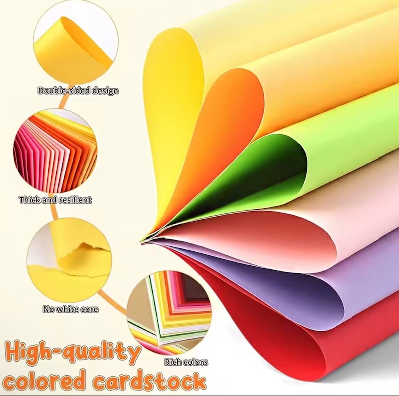May include: A stack of high-quality colored cardstock in various colors, including yellow, orange, green, pink, purple, and red. The image highlights the double-sided design, thickness, and rich colors of the paper. Text on the image reads "High-quality colored cardstock."