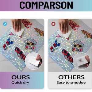 May include: Comparison image showing two surfaces being wiped with a white cloth. The left side, labeled "OURS," shows a clean cloth, while the right side, labeled "OTHERS," shows a smudged cloth. The surfaces have a holographic design with cartoon graphics.