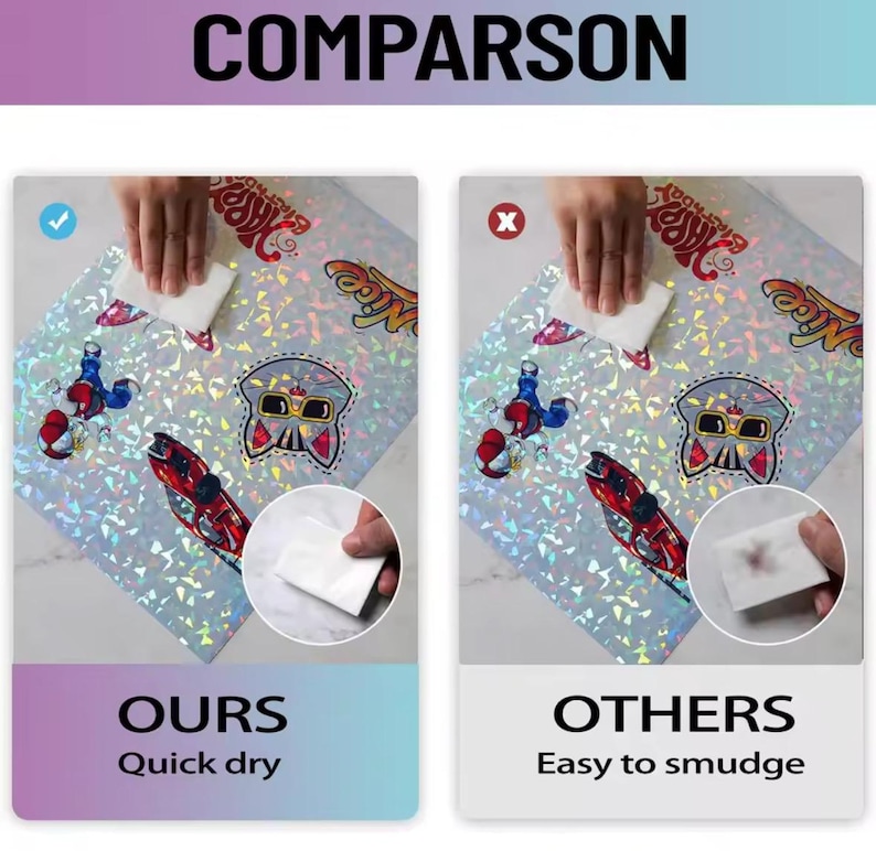 May include: Comparison image showing two surfaces being wiped with a white cloth. The left side, labeled "OURS," shows a clean cloth, while the right side, labeled "OTHERS," shows a smudged cloth. The surfaces have a holographic design with cartoon graphics.