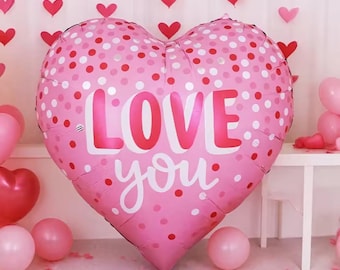 Large Pink Heart Foil Balloon | Love You Heart Balloon | Romantic Party Decoration