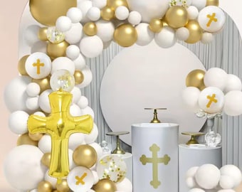 Zestaw girlandy balonowej w kolorze biało-złotym: dekoracja na komunię, chrzest, chrzest