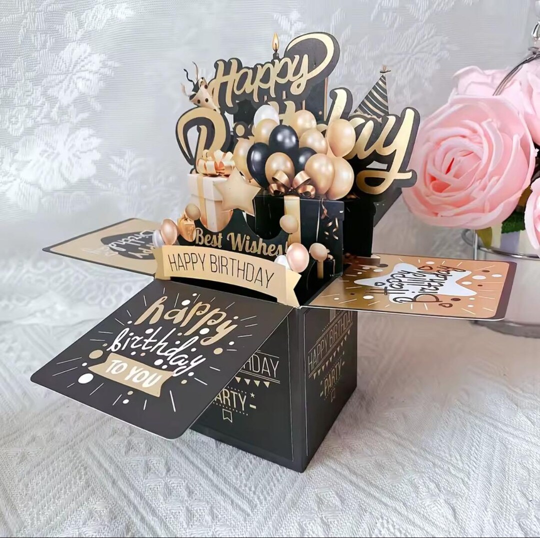 3D Pop up Black Gold Birthday Greeting Card With Envelope - Etsy