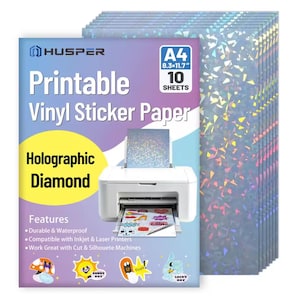 May include: A stack of holographic diamond printable vinyl sticker paper sheets. The package includes 10 sheets, each measuring 8.3 x 11.7 inches. The product is durable, waterproof, and compatible with inkjet and laser printers.