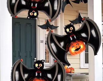 Halloween Bat Balloons with Pumpkin – Spooky Hanging Foil Decorations for Parties & Trick or Treat