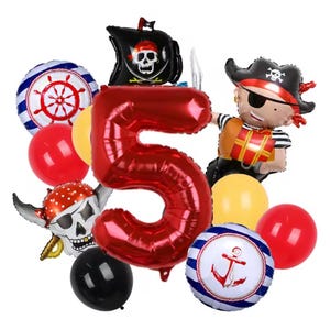 May include: A selection of pirate-themed balloons, featuring a large red number 5, skull-shaped balloons, and round balloons with nautical designs. The balloons are in red, black, yellow, and white, ideal for a birthday celebration.