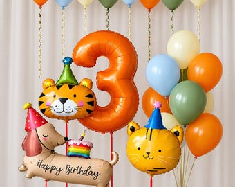 25-teiliges Safari-Tier-Geburtstagsballon-Set, Zahlen 1-9, Tiger, Katze, Dackel, Hund, Ballons, Orange, Grün, Blau, Kindergeburtstagsdekoration