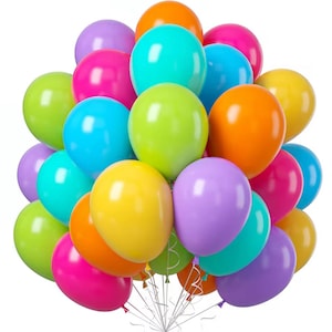 May include: A vibrant bouquet of colorful balloons in shades of green, blue, orange, pink, yellow, and purple. The balloons are clustered together, tied with silver ribbons, creating a festive and cheerful display.