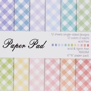 May include: A paper pad featuring twelve sheets of single-sided designs in twelve colors, each with a gingham pattern. The paper is acid and lignin-free, 6" x 6" in size, and 160GSM. The text "Paper Pad" is displayed in elegant script.
