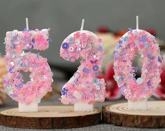 Decorazione per torta di compleanno con candela rosa con numeri da 0 a 9 e paillettes