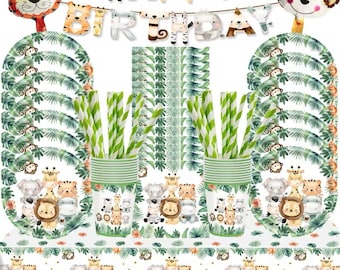 Safari jungle lion theme birthday party baby shower paper plates cups table cloths napkins straws giraffe zebra elephant