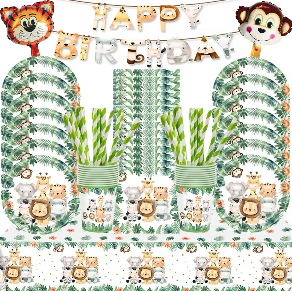 Safari jungle lion theme birthday party baby shower paper plates cups table cloths napkins straws giraffe zebra elephant
