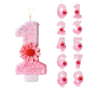 Vela con número de flor rosa del 0 al 9 para decoración de tarta de cumpleaños