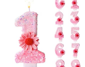 Pink flower number candle 0-9 birthday party cake topper decorations