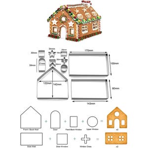 Op de afbeelding: Een versierd peperkoekhuis met kleurrijk glazuur en snoep. Inclusief metalen koekjessnijders voor de muren, het dak, de ramen en decoratieve vormen. Het huis is ongeveer 17 cm lang en 10 cm hoog.