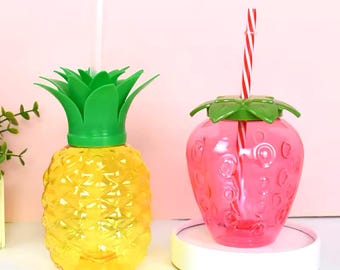 Hawaiian party cups pineapple strawberry straw tumbler tropical birthday party flamingo Hawaii