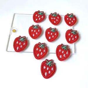 Puede incluir: Un conjunto de once parches bordados con forma de fresa. Cada parche presenta una fresa roja con semillas blancas y hojas verdes. Los parches están dispuestos sobre una superficie rectangular transparente.
