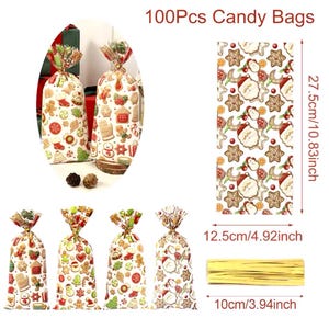 Puede incluir: Un juego de 100 bolsas de caramelos con tem&aacute;tica navide&ntilde;a. Las bolsas blancas est&aacute;n estampadas con hombres de jengibre, estrellas y motivos de Pap&aacute; Noel. Cada bolsa mide 12,5 cm de ancho y 27,5 cm de alto. Las bolsas est&aacute;n atadas con un lazo giratorio.