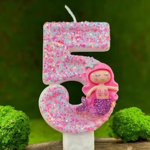 Pink Mermaid Number Birthday Candle 0–9 – Glitter Handmade Cake Topper
