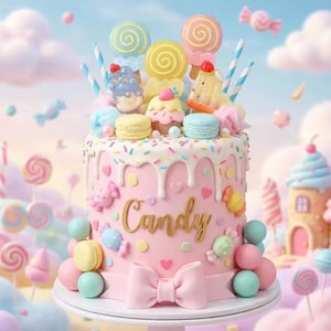 以下が含まれることがあります： 白いアイシングの垂れ、カラフルなスプリンクル、金色の筆記体でCandyと書かれたピンクのケーキ。上部にはペロペロキャンディ、マカロン、小さなお菓子が飾られています。土台には大きなピンクのリボンがあり、パステルカラーの球体に囲まれています。