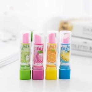 Cute Lipstick Eraser Set – 4 Pcs Cartoon Pencil Erasers for Kids Stationery or Party Favors