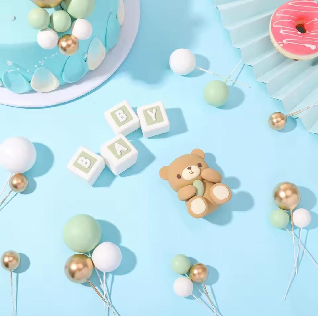 Teddy Bear Baby Shower Cake Topper Set: Pastel Blocks, Gold Accents ...